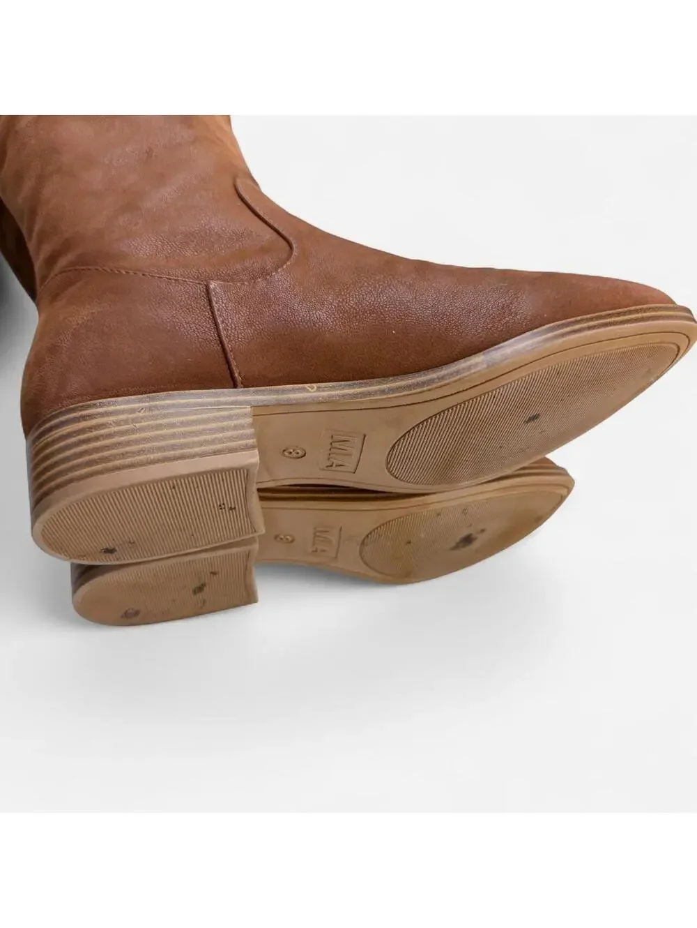 MIA Cognac Leather Tall Pull On Block Heel Boots in Brown
